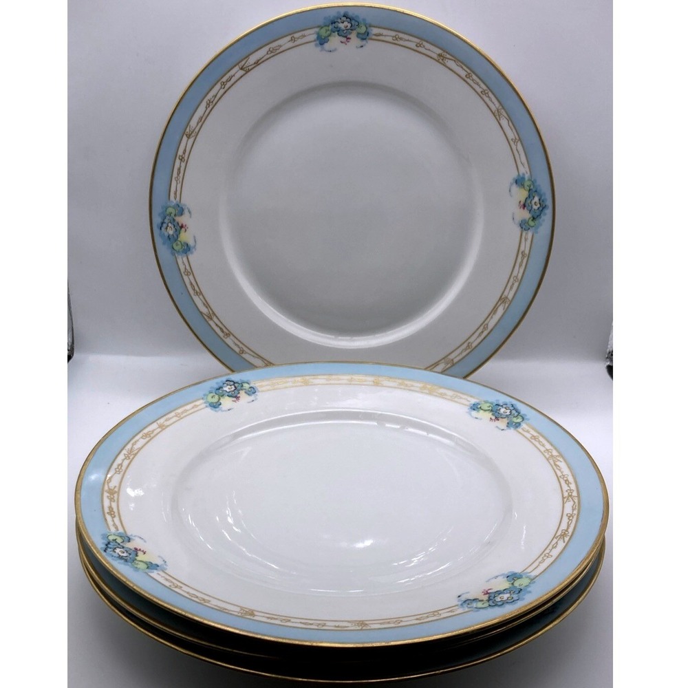 4 Vintage Hutschenreuther Selb Bavaria Dinner Plates Donatello Blue Floral Gold